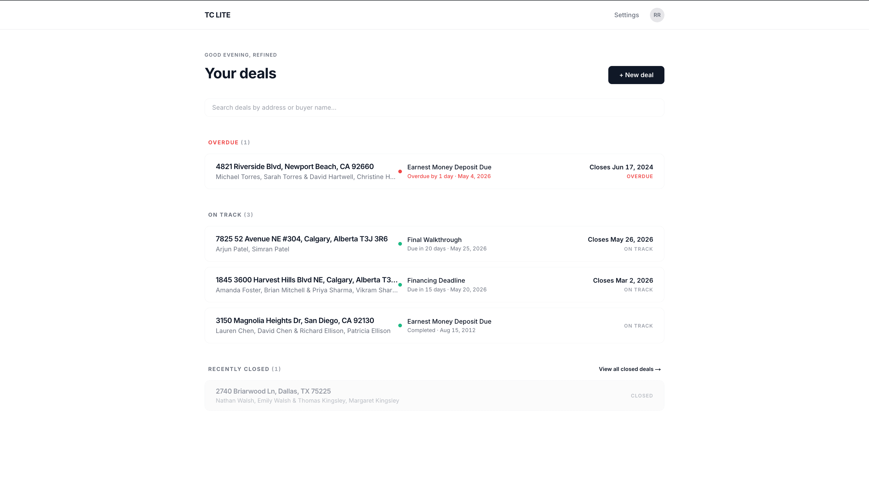 Clienti agent dashboard showing active deals and milestones