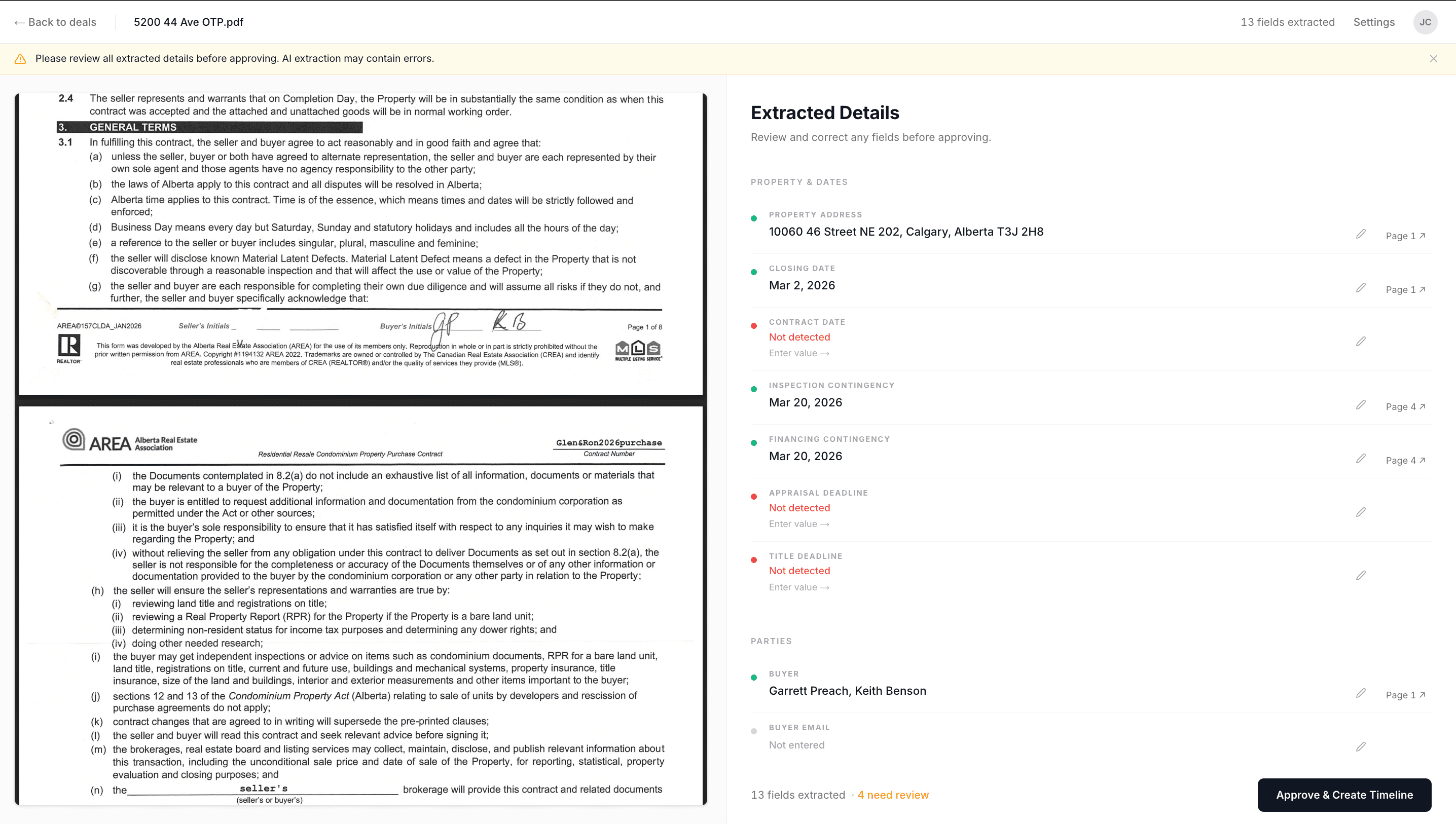 Extraction review screen showing parsed dates and confidence scores
